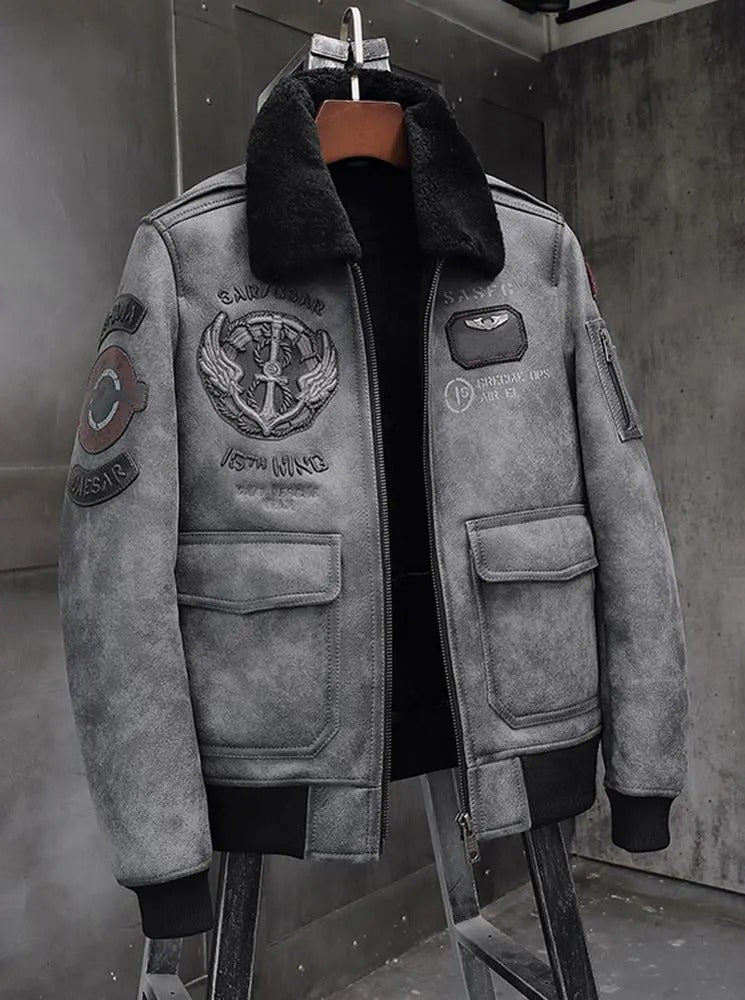 Men's Fur & Shearling Sheepskin Leather Jacket in Grey