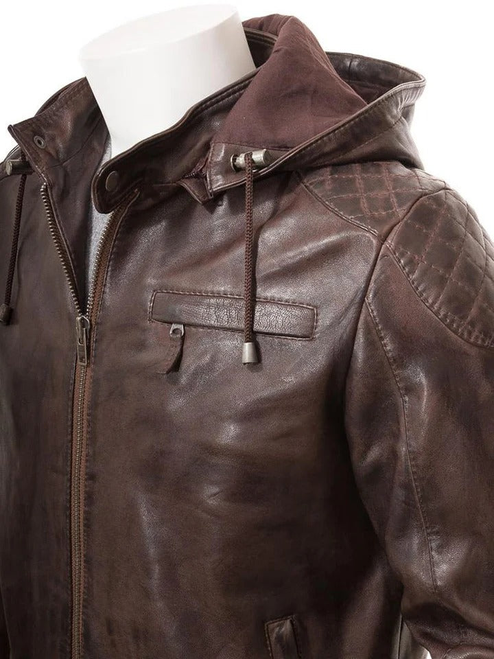 Men's George Brown Removable Hooded Leather Jacket