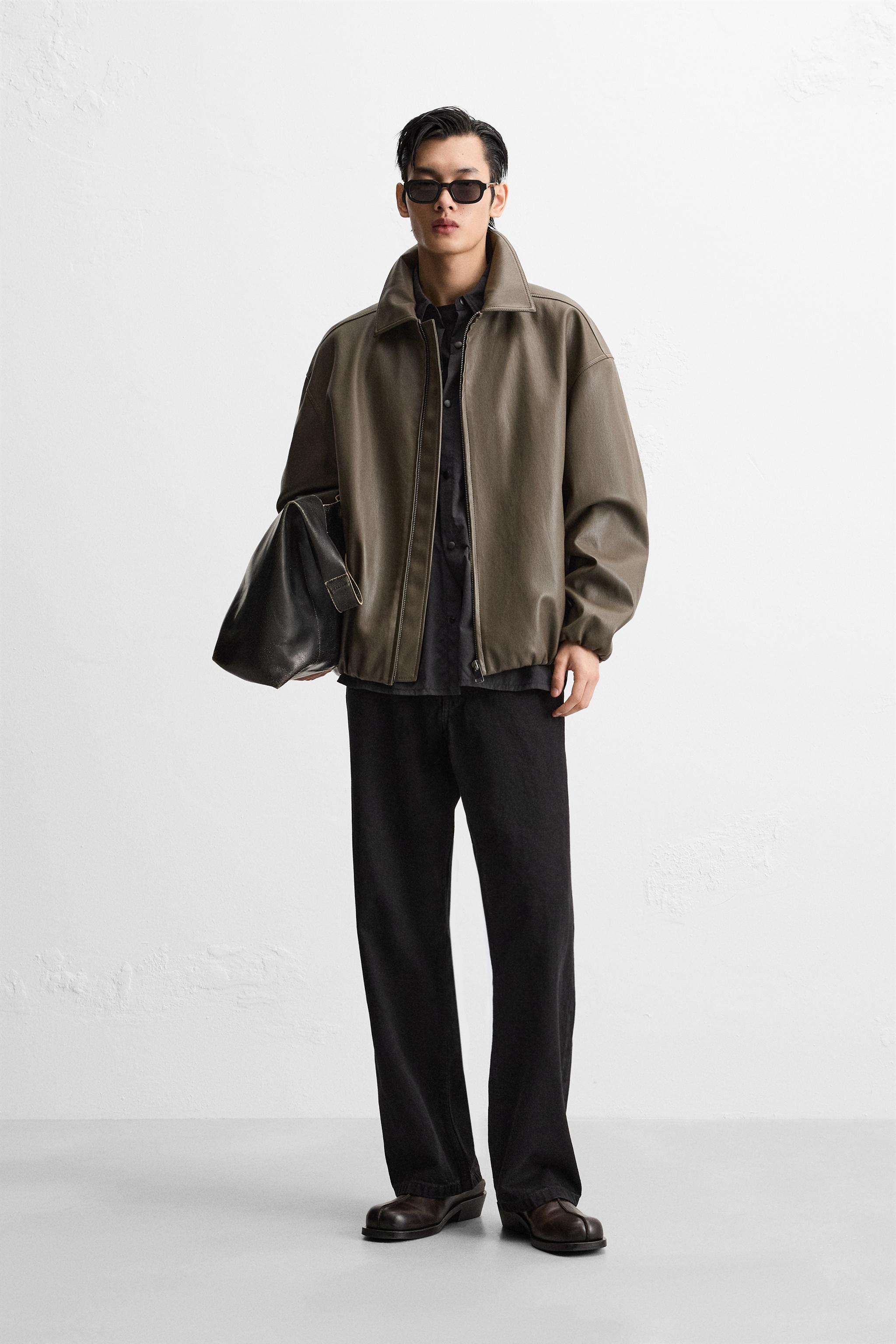 Graue schlichte Lederjacke für Herren