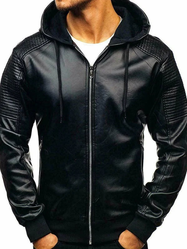 Men’s Hooded Black Bomber Leather Jacket