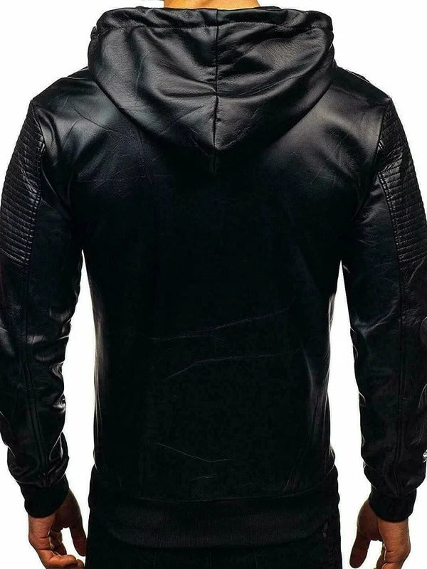 Men’s Hooded Black Bomber Leather Jacket