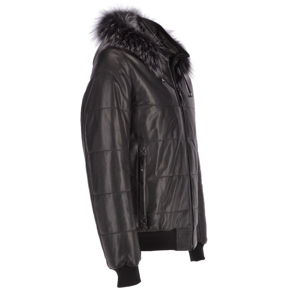 Men's Hooded Bomber Leather Jacket Black