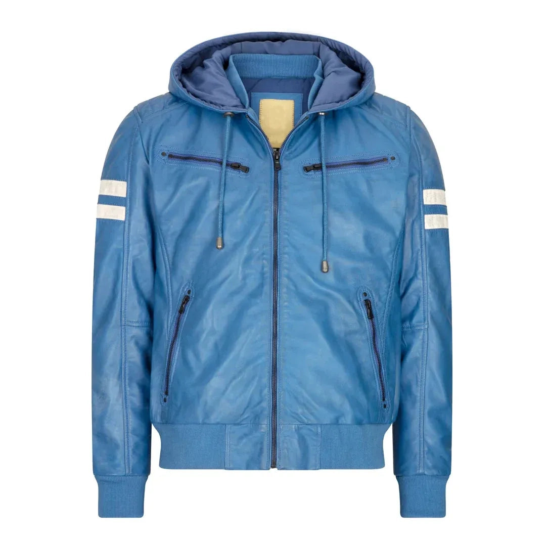 Men's Hooded Quilted Leather Bomber Jacket