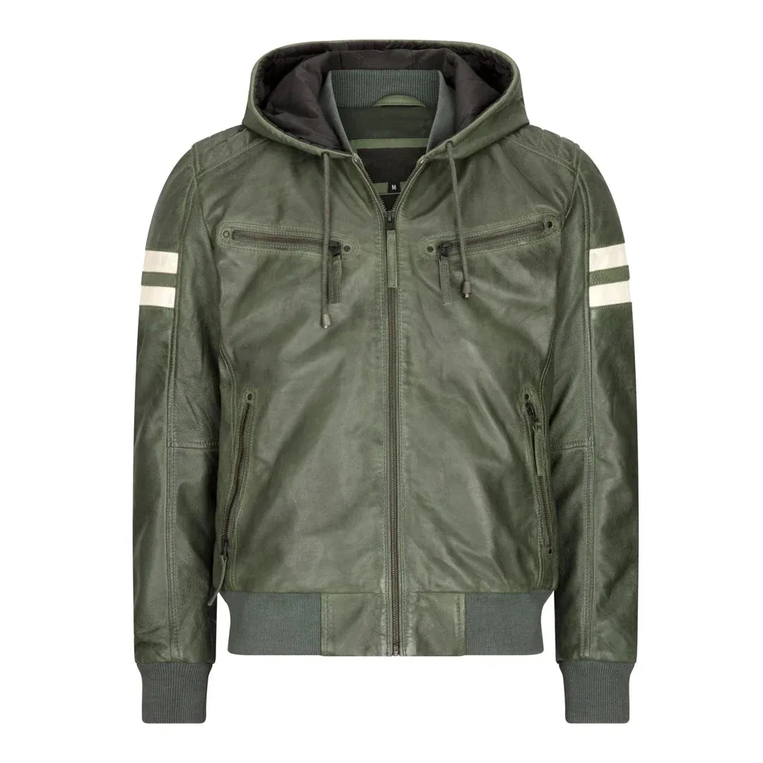 Men's Hooded Quilted Leather Bomber Jacket