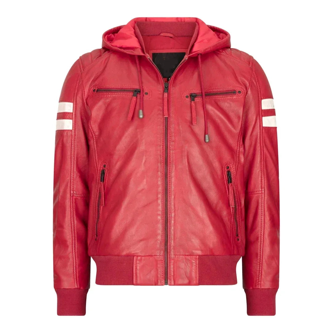 Men's Hooded Quilted Leather Bomber Jacket