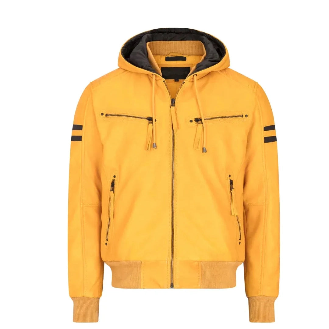 Men's Hooded Quilted Leather Bomber Jacket