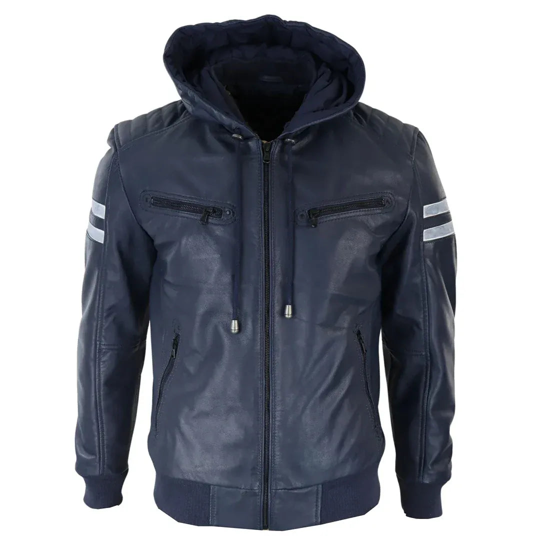 Men's Hooded Quilted Leather Bomber Jacket
