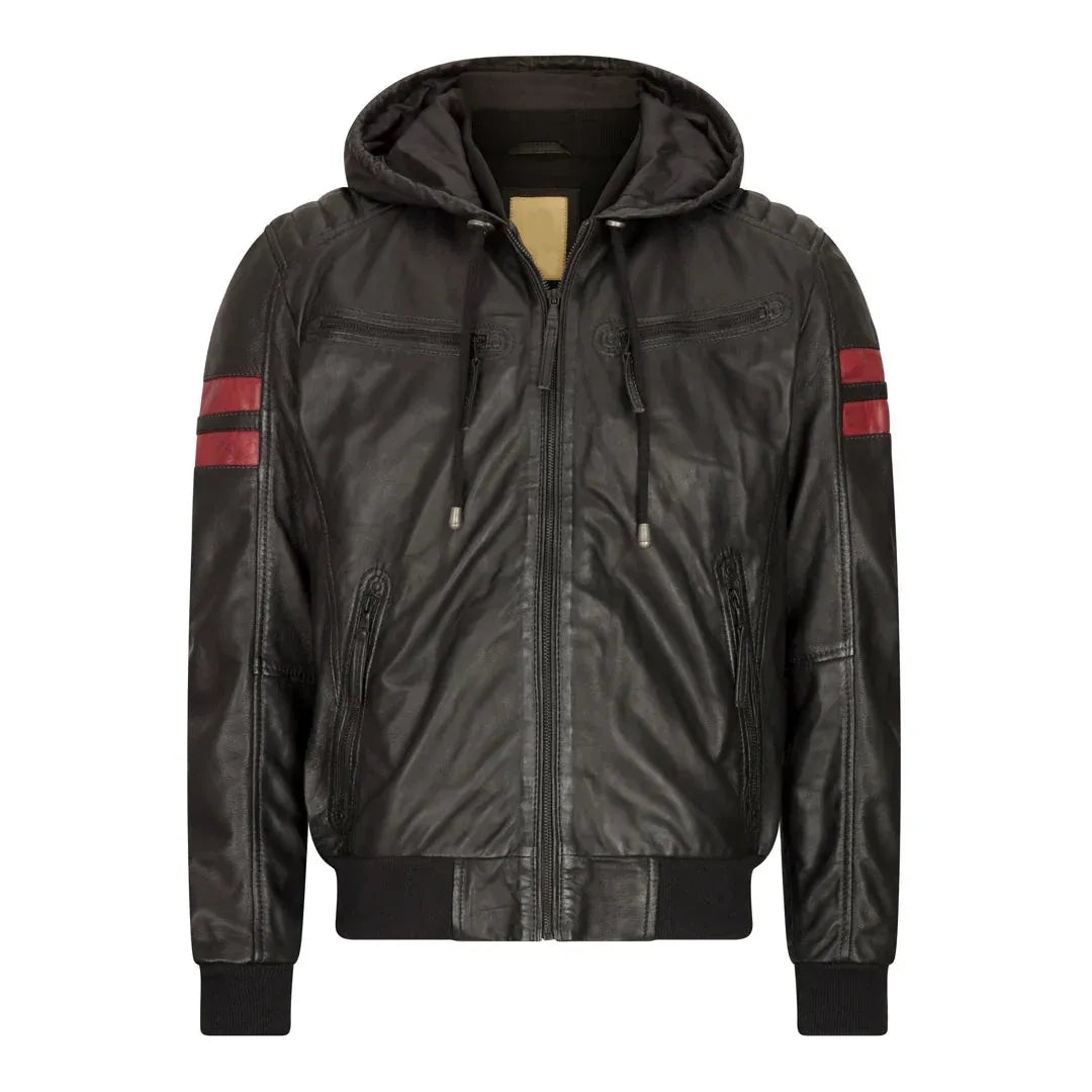 Men's Hooded Quilted Leather Bomber Jacket