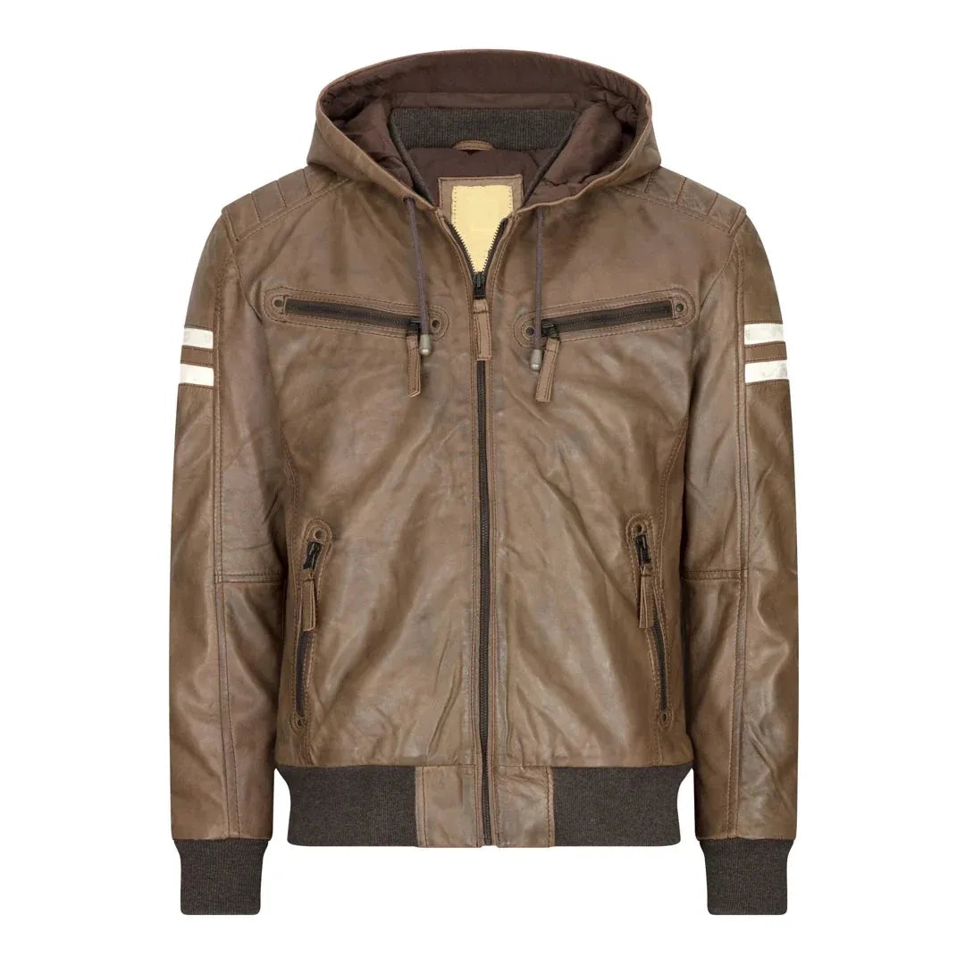Men's Hooded Quilted Leather Bomber Jacket