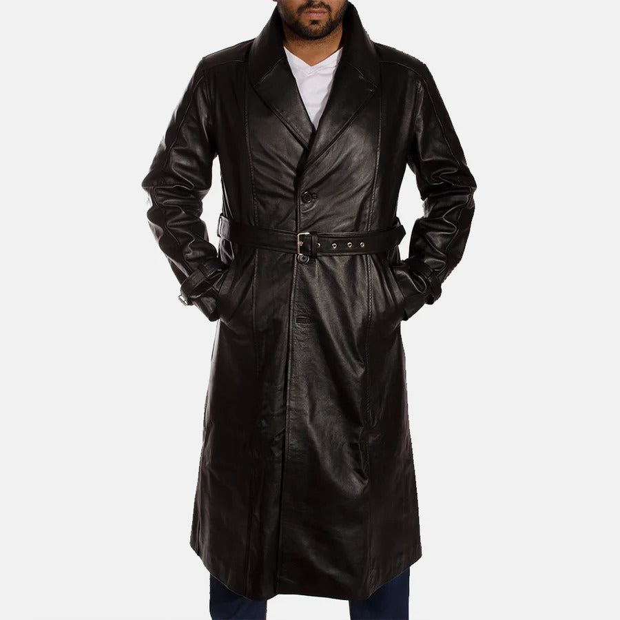 Men's Hooligan Black Leather Trench Coat