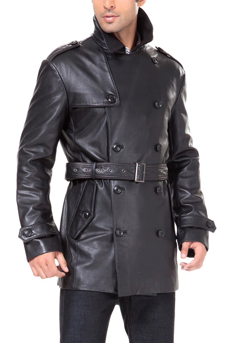 Men’s Lambskin Leather Belted Trench Coat