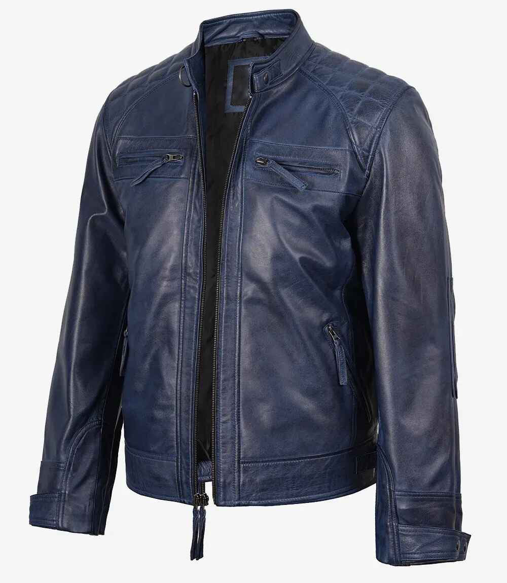Men's Leather Blue Wax Biker Jacket
