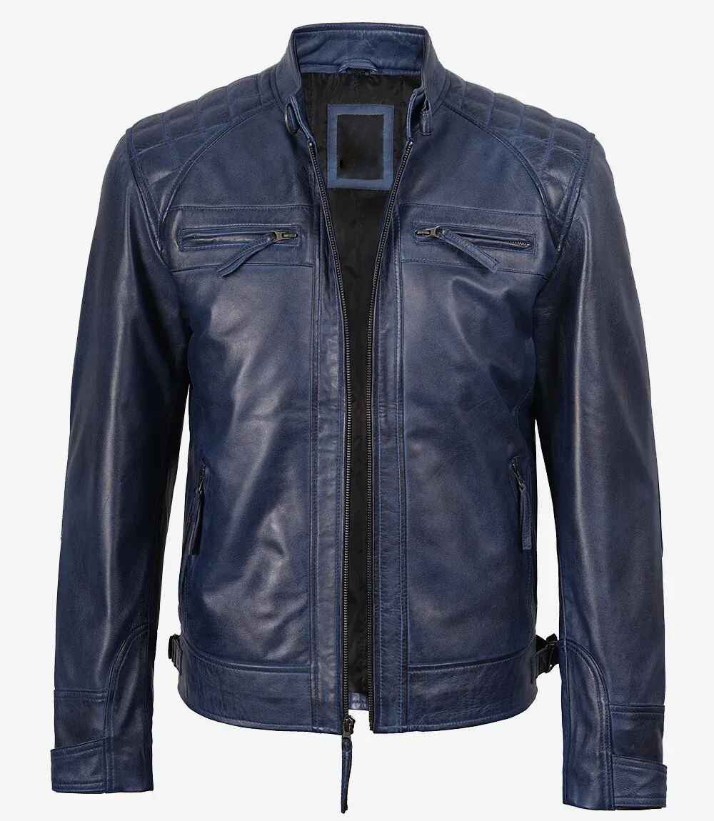 Men's Leather Blue Wax Biker Jacket