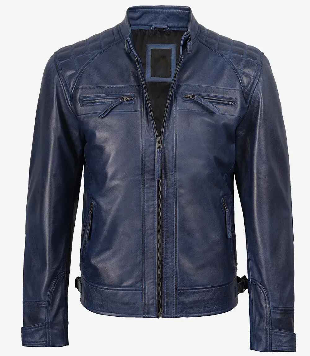 Men's Leather Blue Wax Biker Jacket