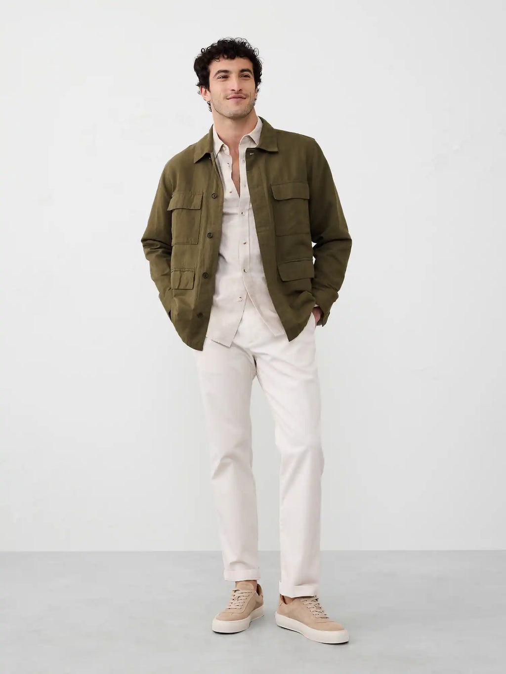 Men's Linen-Blend Field Light Weight Jacket in Cream