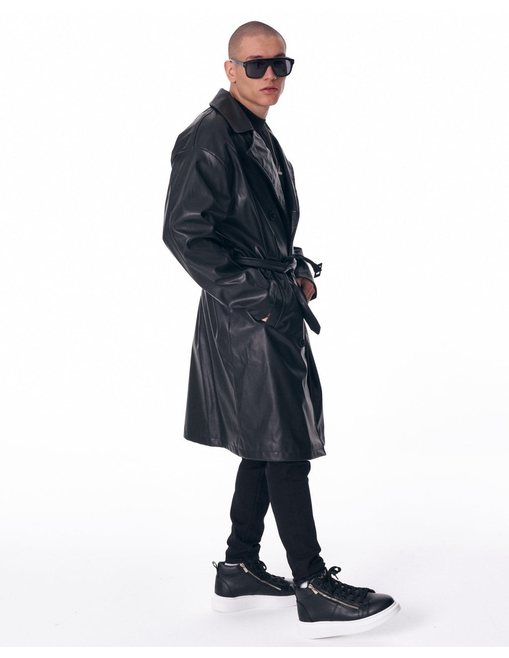 Men's Long Leather Trench Coat With Belt