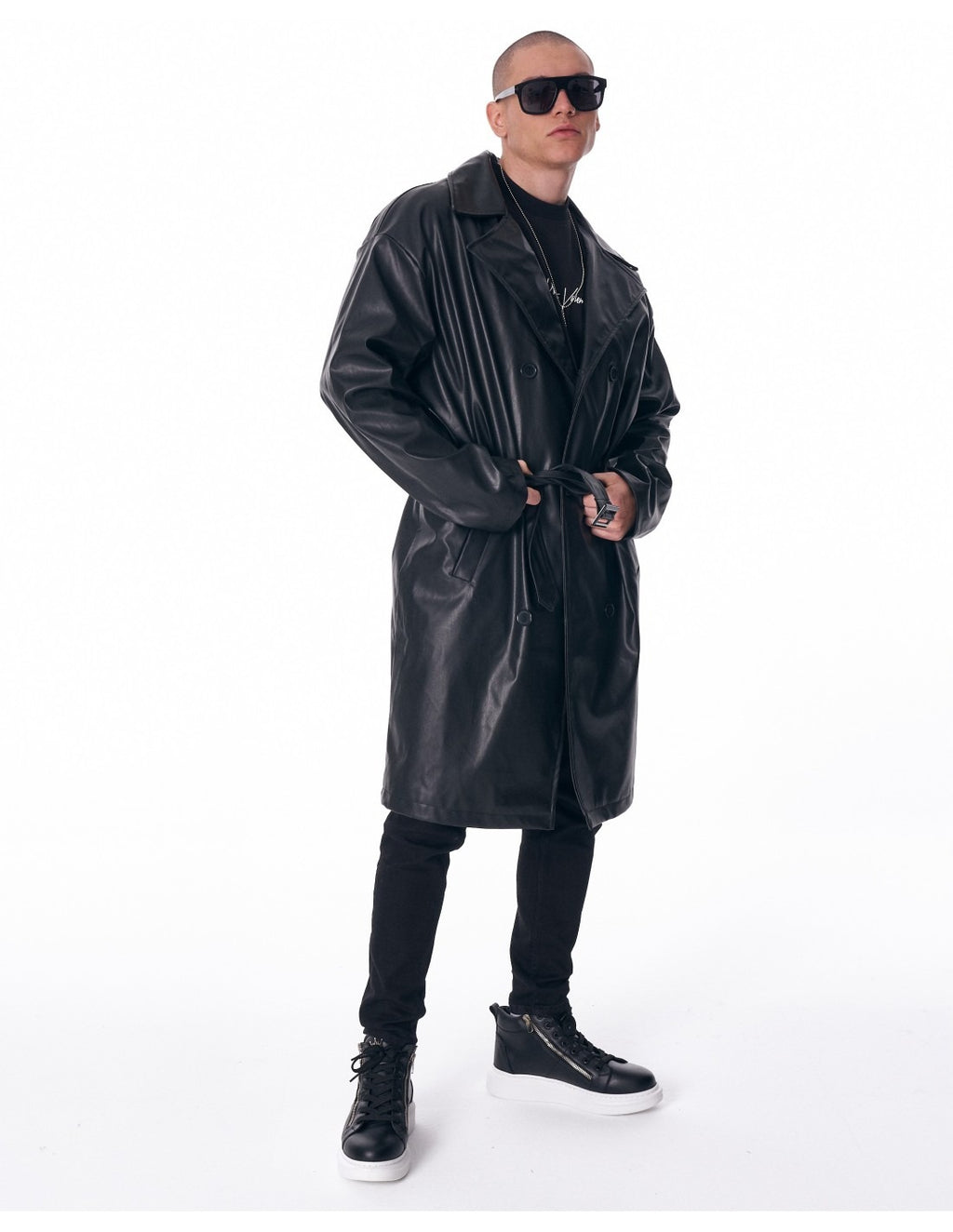 Men's Long Leather Trench Coat With Belt
