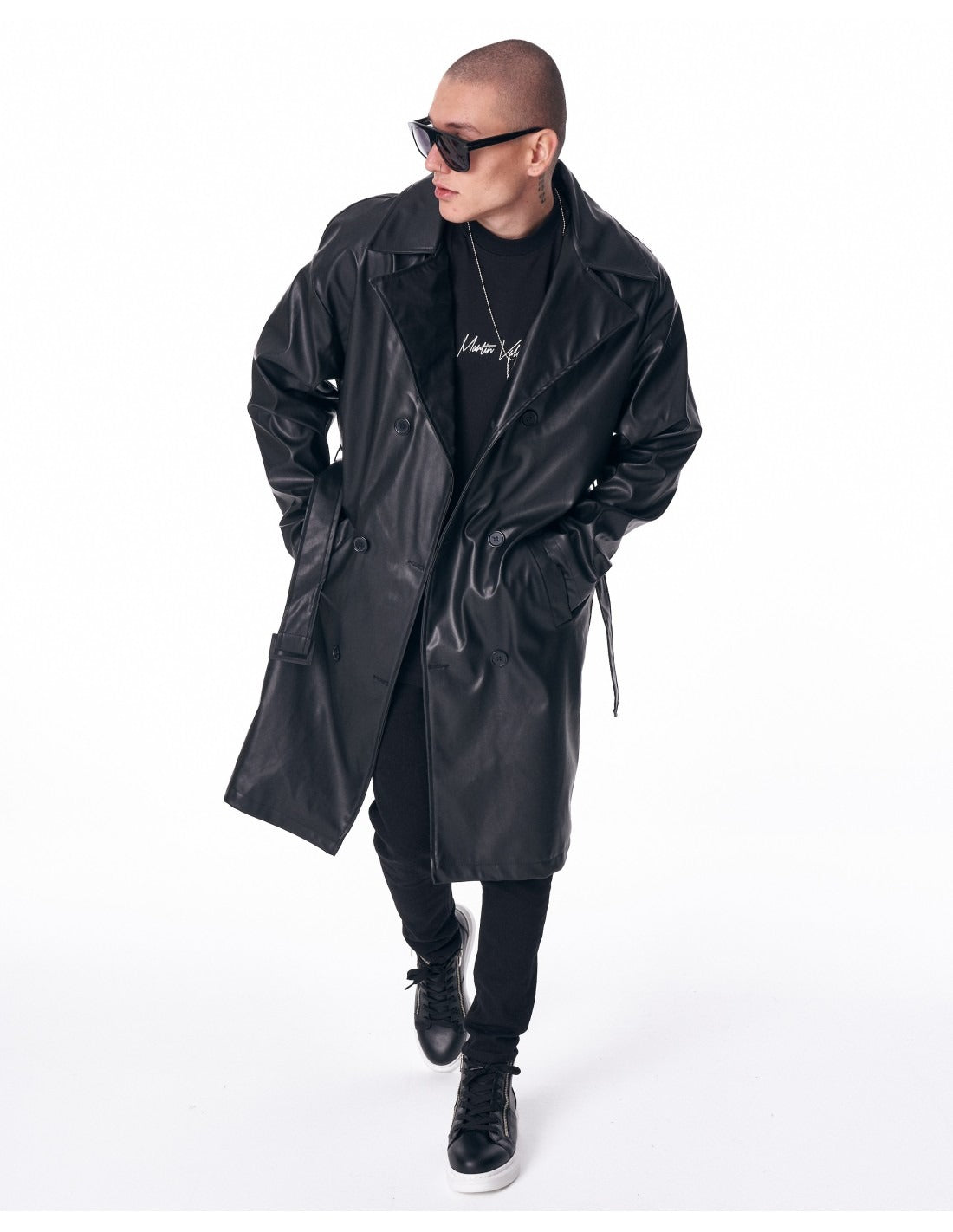 Men's Long Leather Trench Coat With Belt