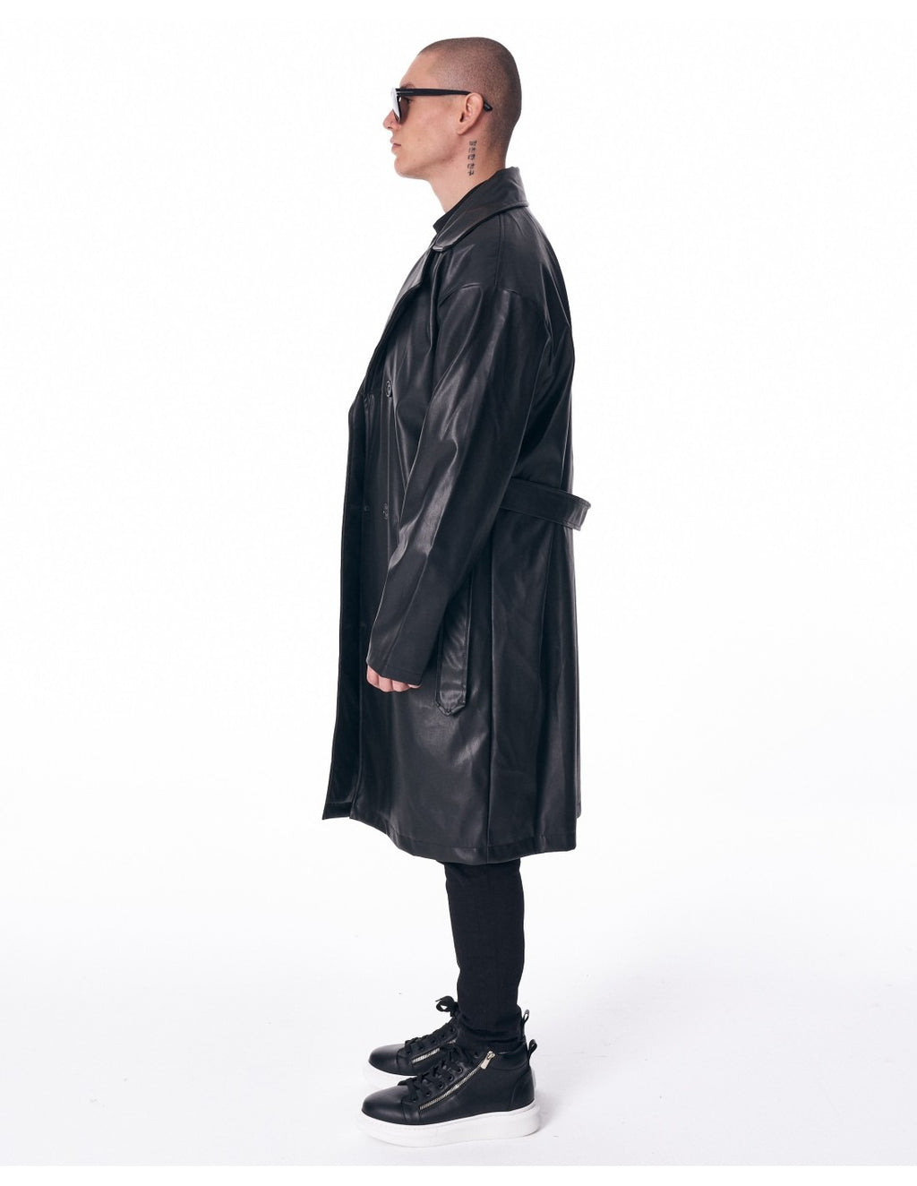 Men's Long Leather Trench Coat With Belt
