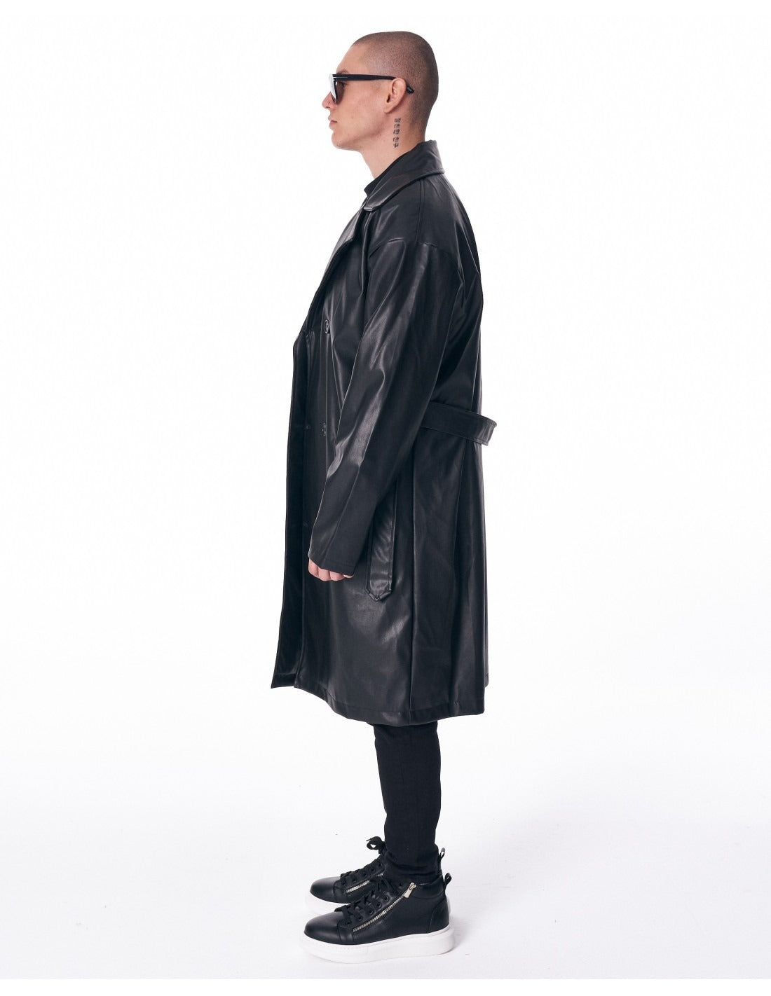 Men's Long Leather Trench Coat With Belt