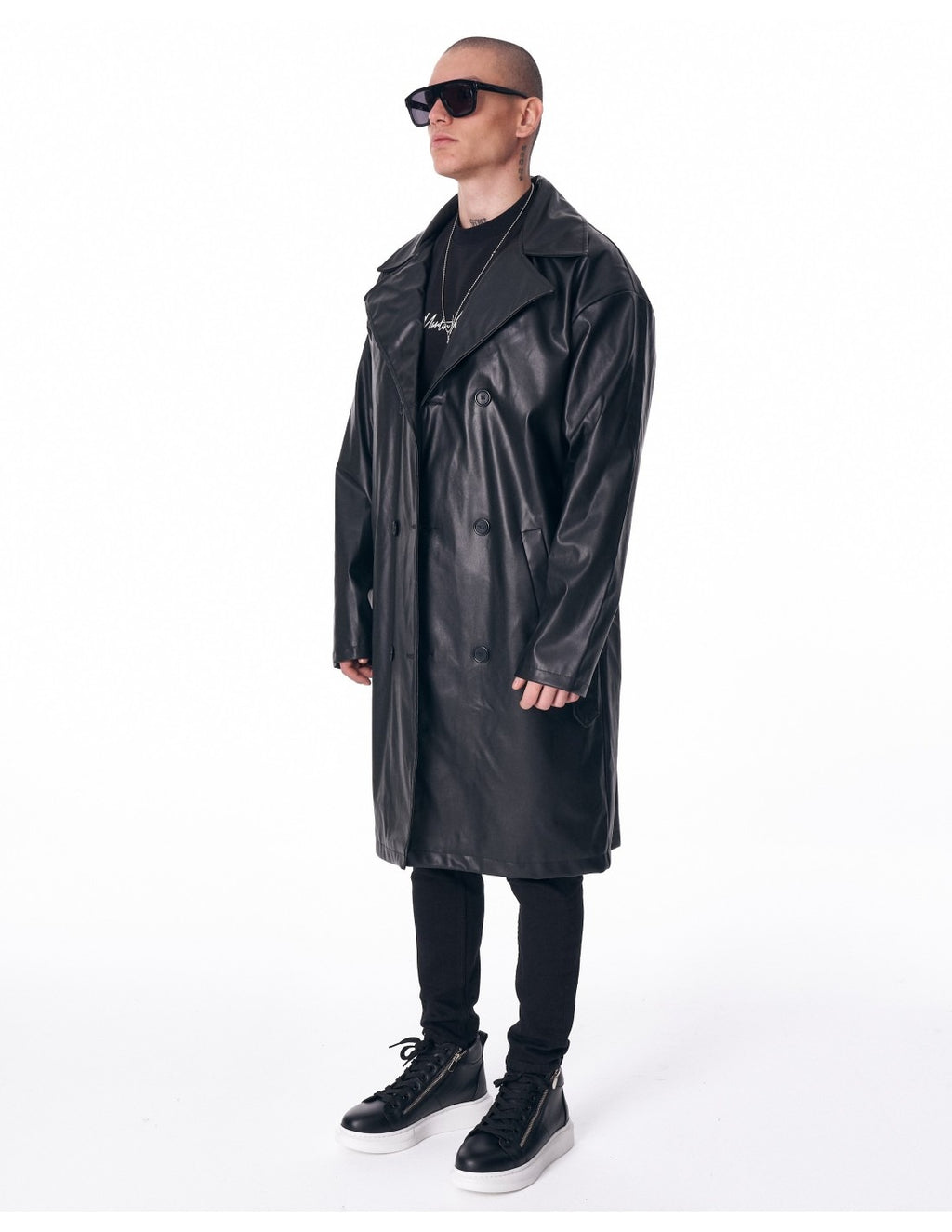 Men's Long Leather Trench Coat With Belt