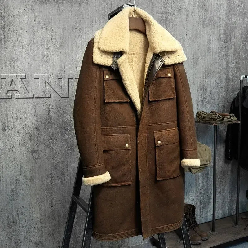 Men's Luxury X-Long Military Style Shearling Coat