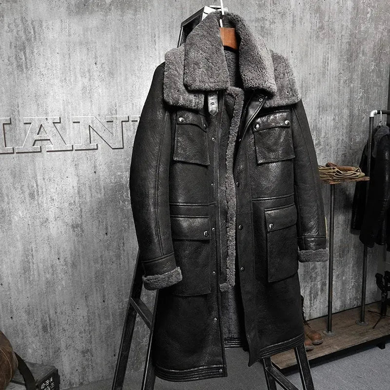 Men's Luxury X-Long Military Style Shearling Coat