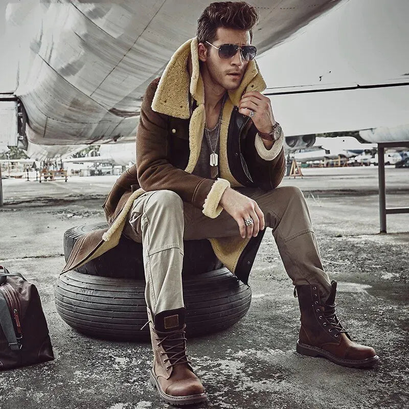 Men's Luxury X-Long Military Style Shearling Coat