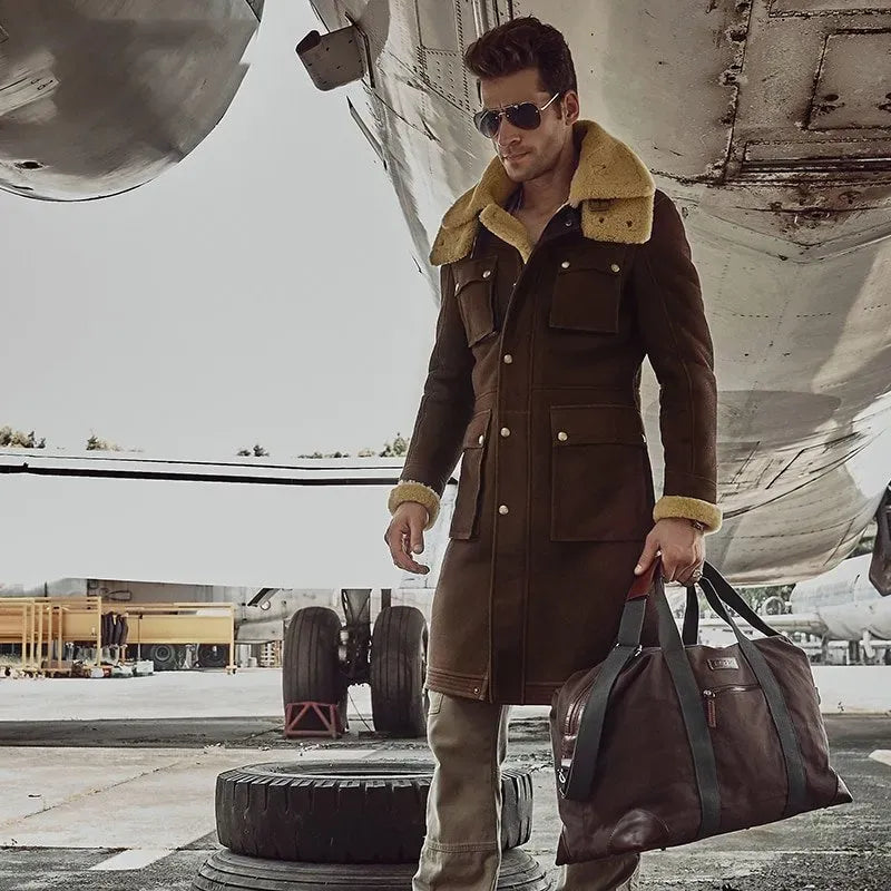 Men's Luxury X-Long Military Style Shearling Coat