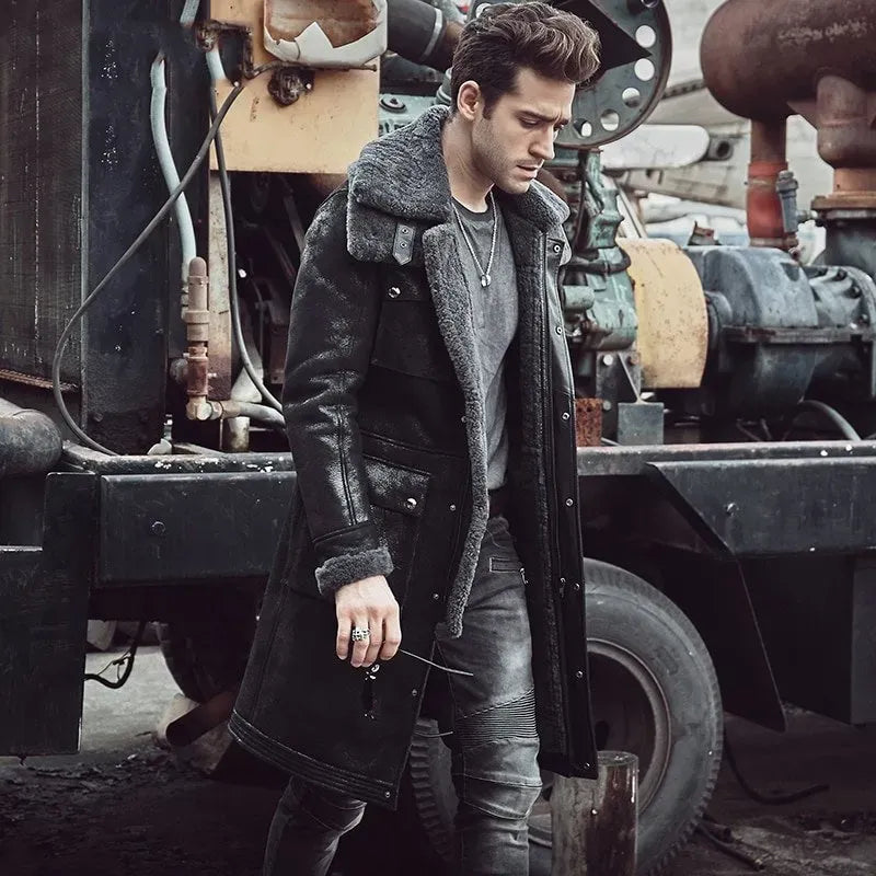 Men's Luxury X-Long Military Style Shearling Coat