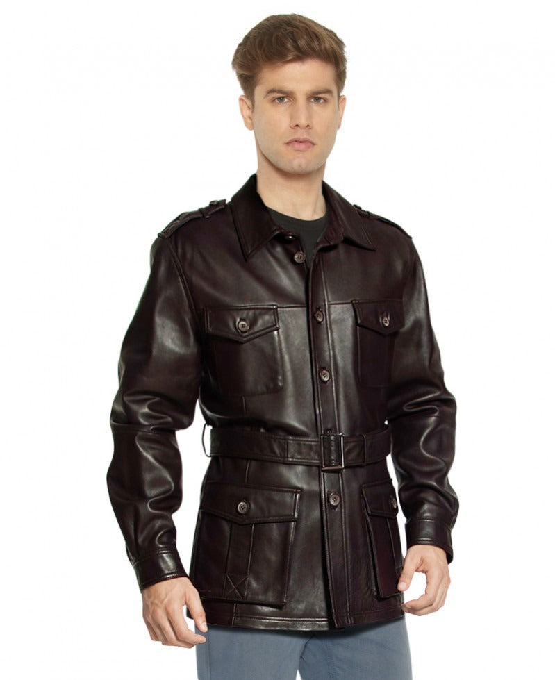 Men's Military Style Leather Trench Coat with Waist Belt
