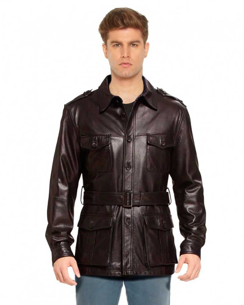 Men's Military Style Leather Trench Coat with Waist Belt