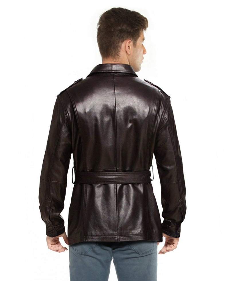 Men's Military Style Leather Trench Coat with Waist Belt