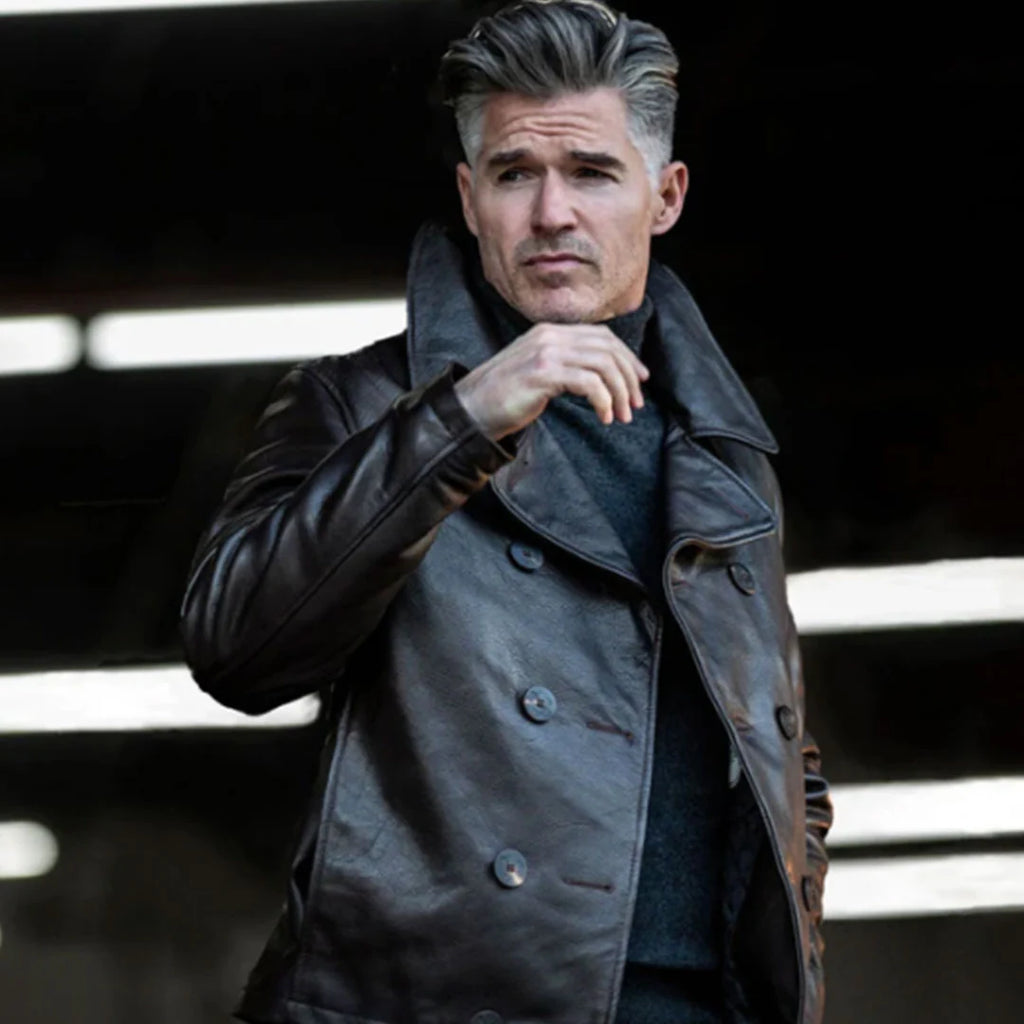 Men's Naval Short Leather Jacket in Black