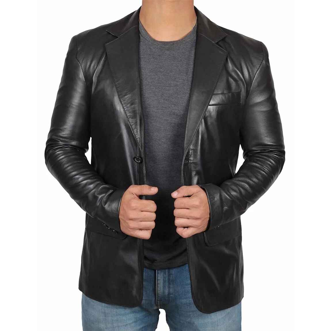 Men's Notch Lapel Black Leather Blazer