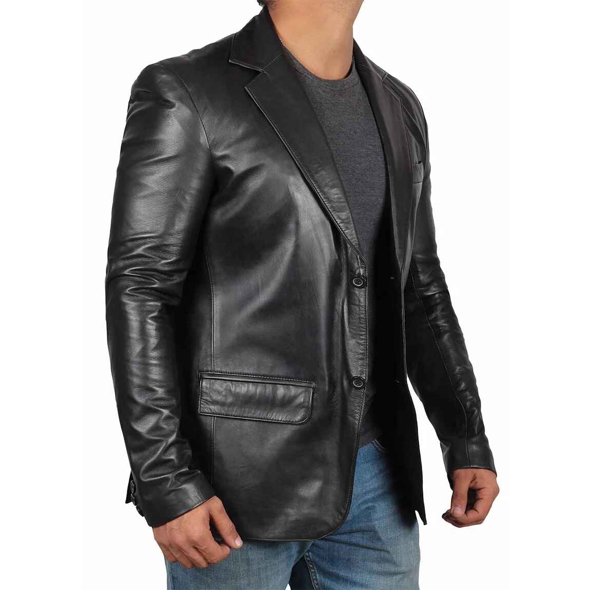 Men's Notch Lapel Black Leather Blazer