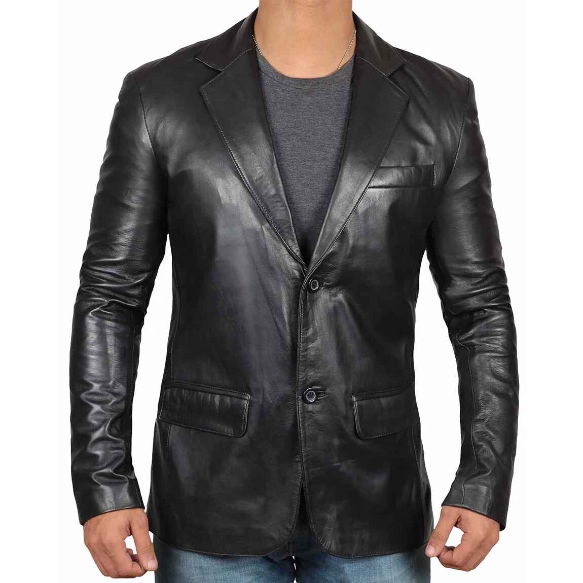Men's Notch Lapel Black Leather Blazer
