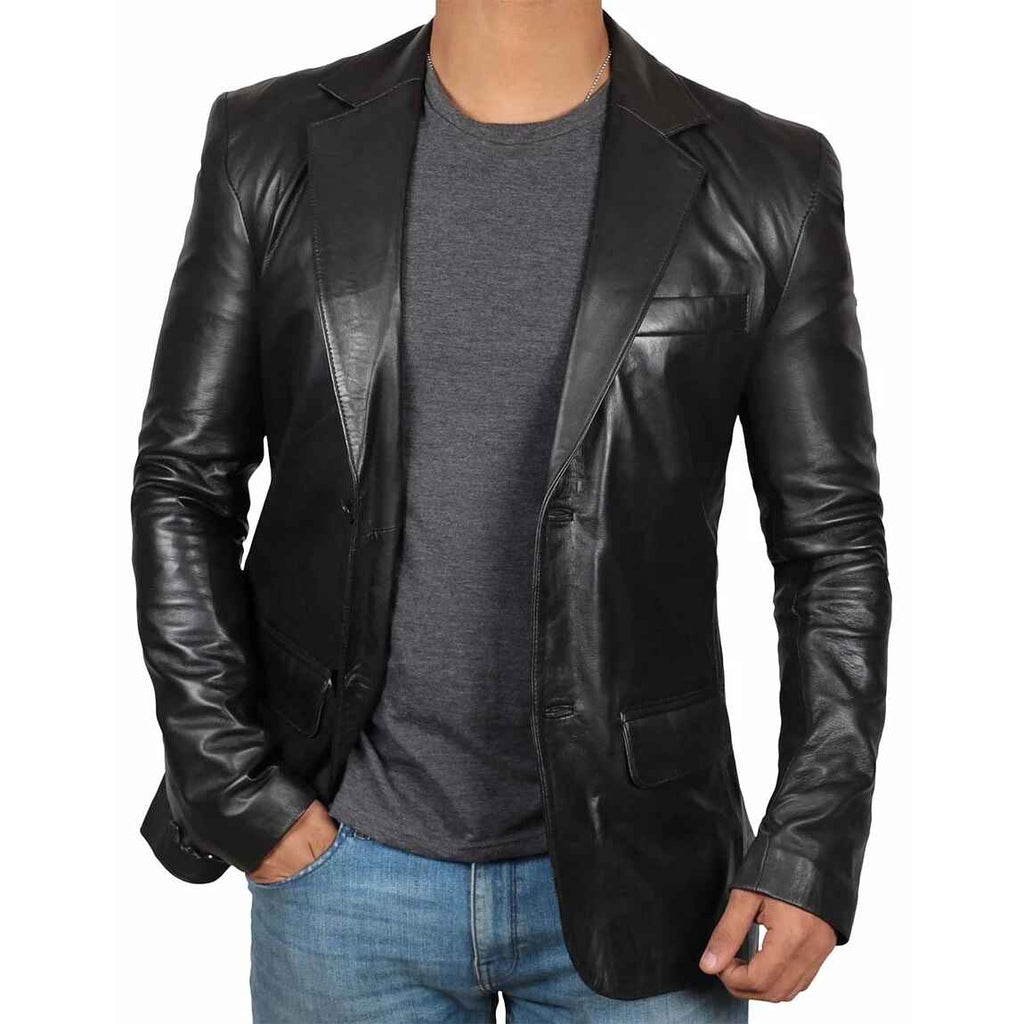 Men's Notch Lapel Black Leather Blazer