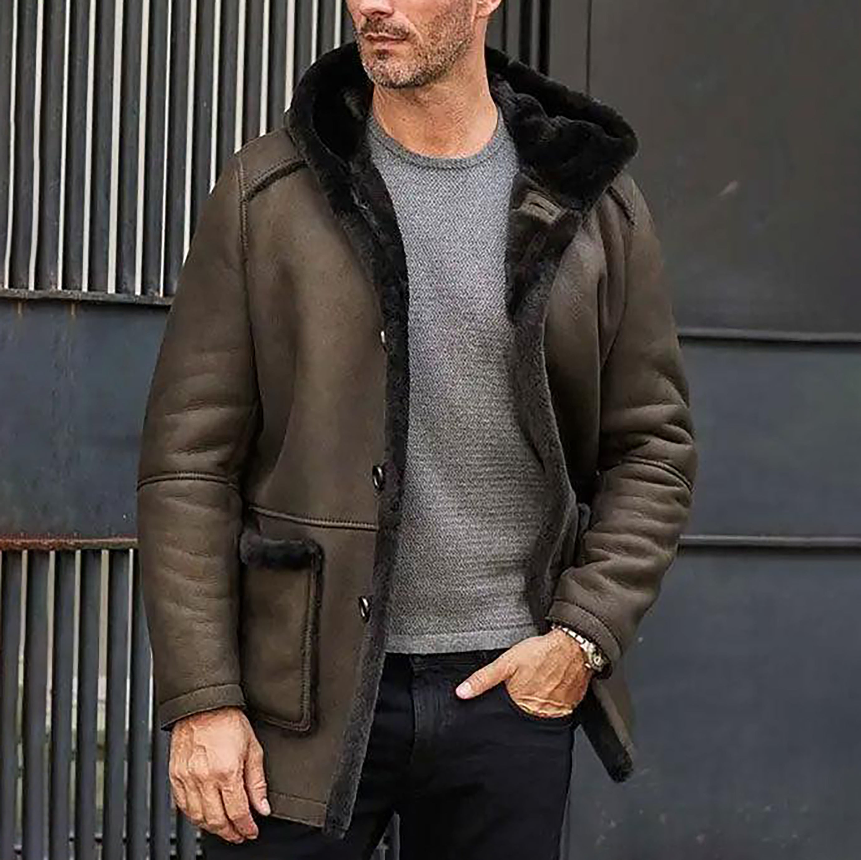 Men's Olive Hooded Fur Shearling Leather Coat