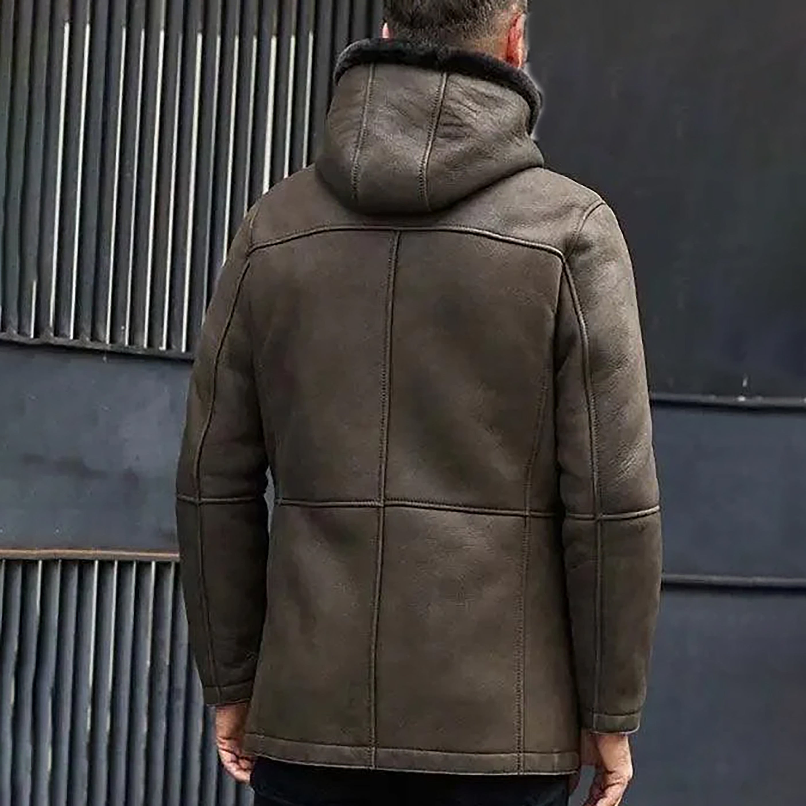 Men's Olive Hooded Fur Shearling Leather Coat