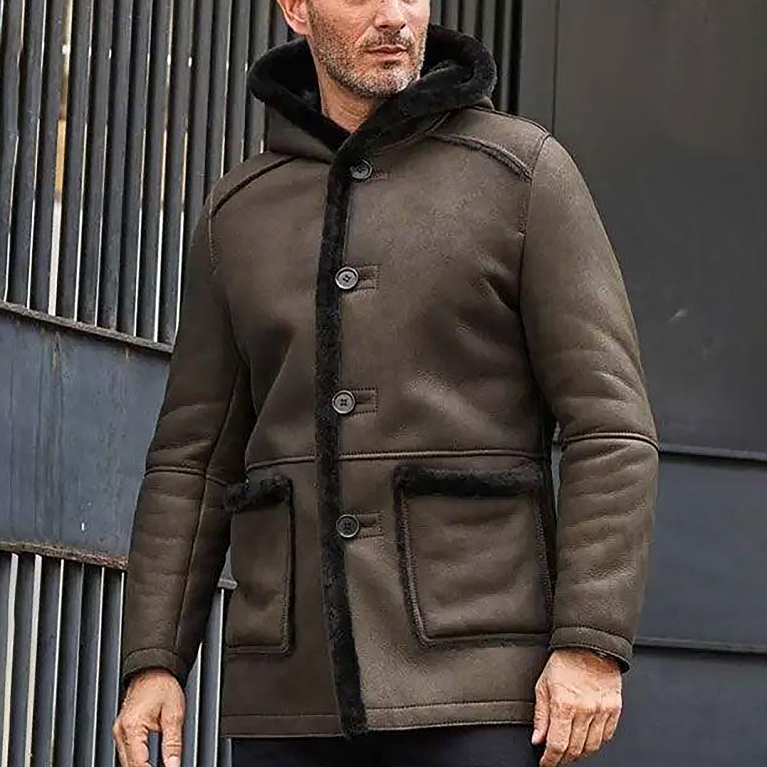 Men's Olive Hooded Fur Shearling Leather Coat