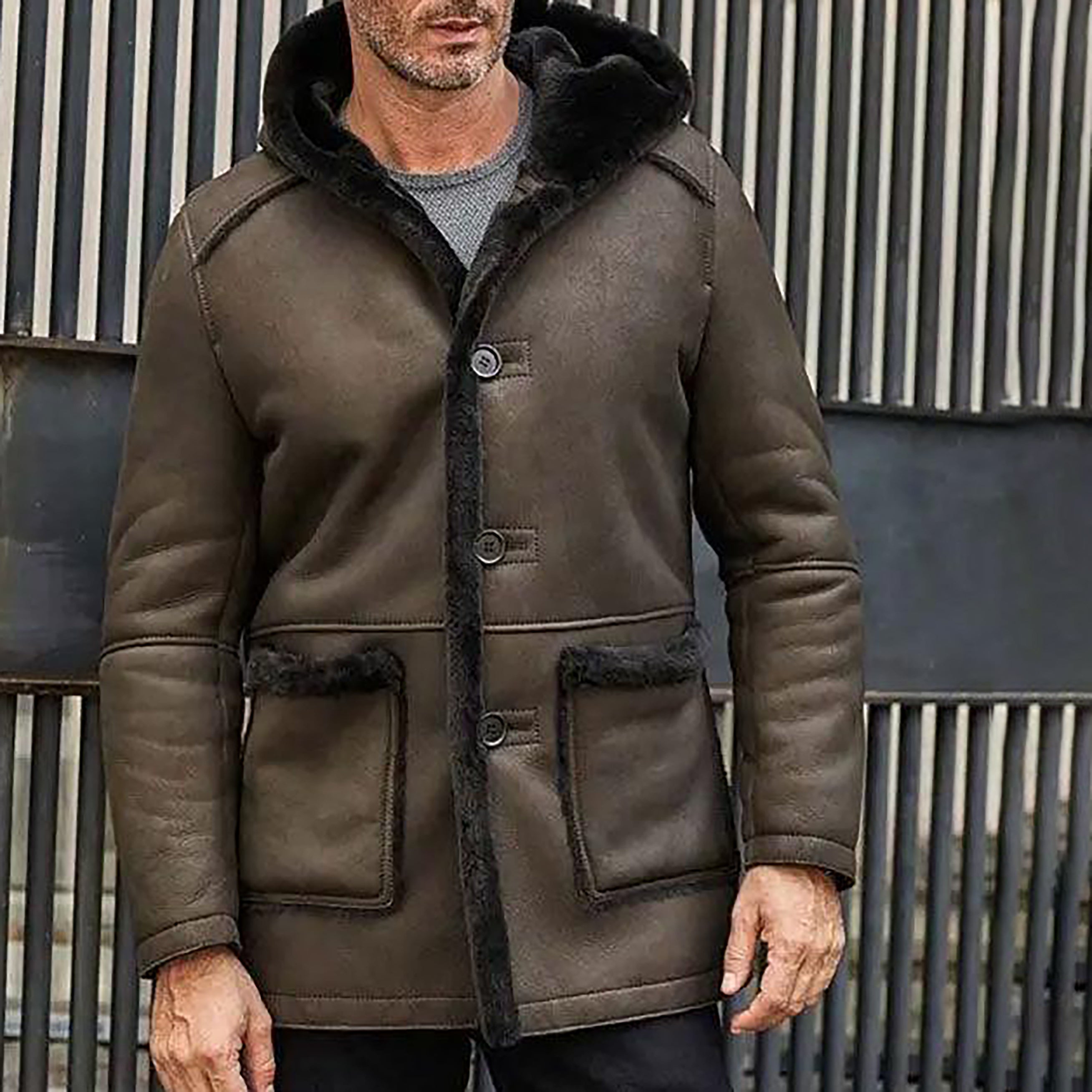 Men's Olive Hooded Fur Shearling Leather Coat