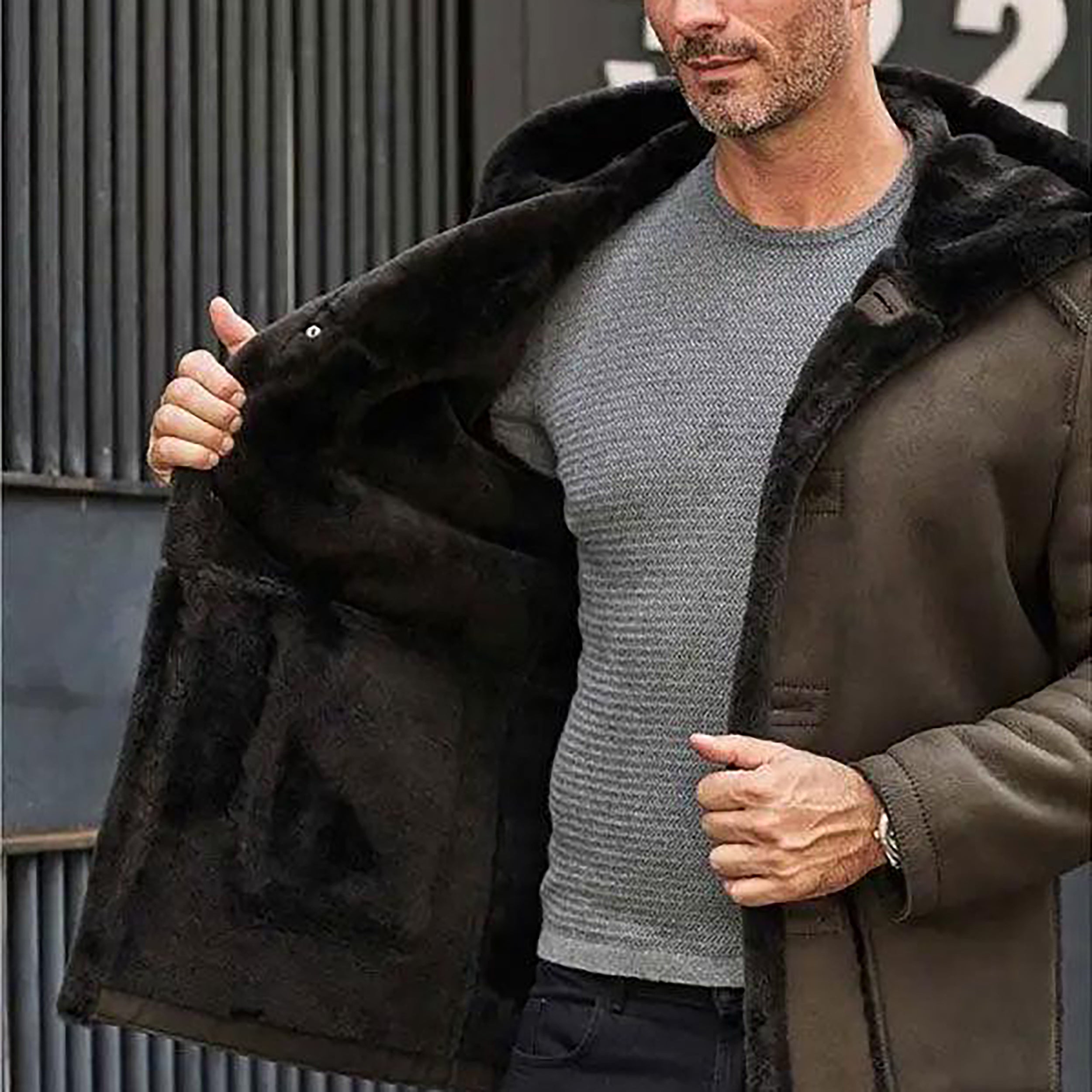 Men's Olive Hooded Fur Shearling Leather Coat