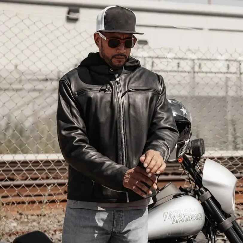 Men's Open Road Hooded Leather Motorcycle Jacket