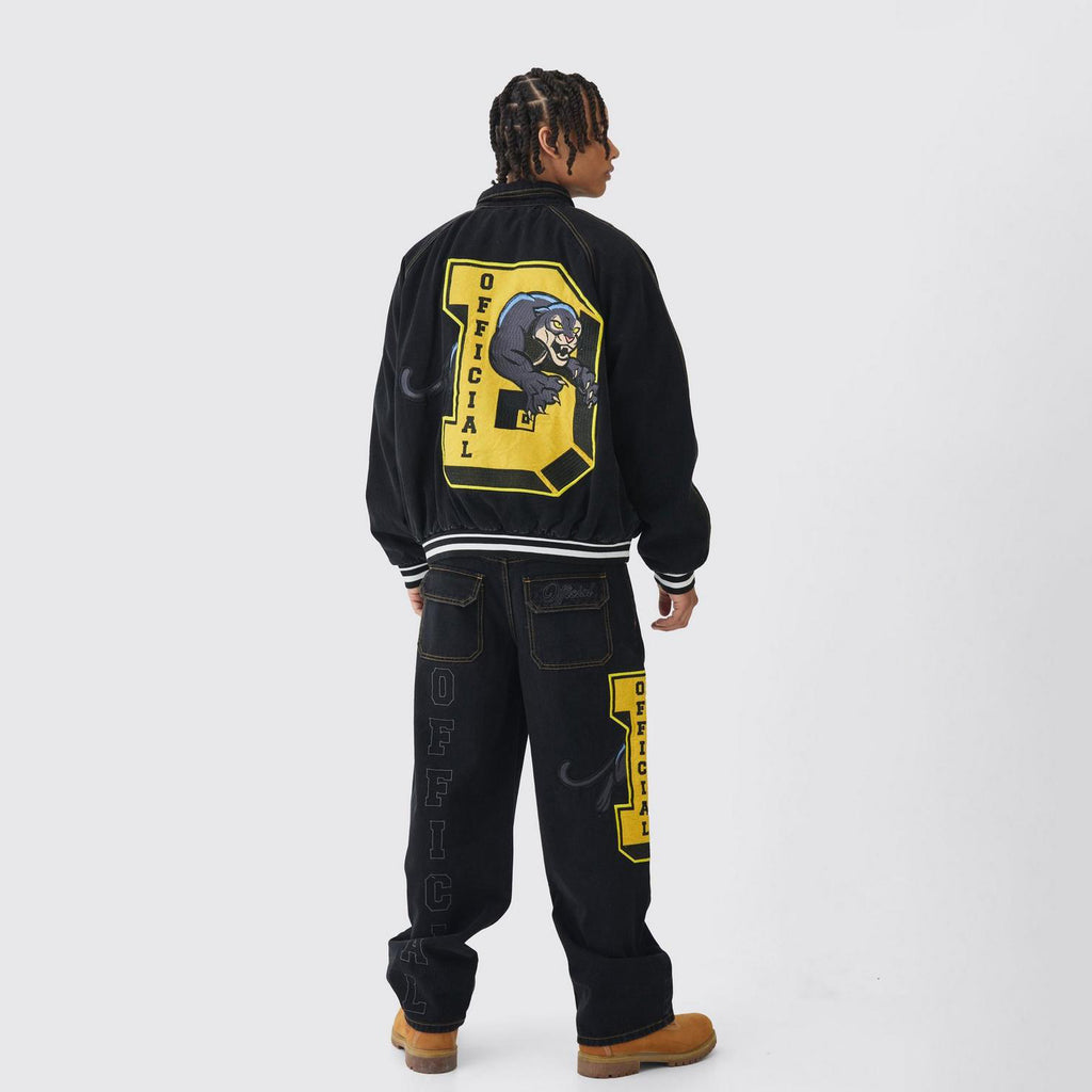 Men's Oversized Denim Varsity Applique Bomber Jacket