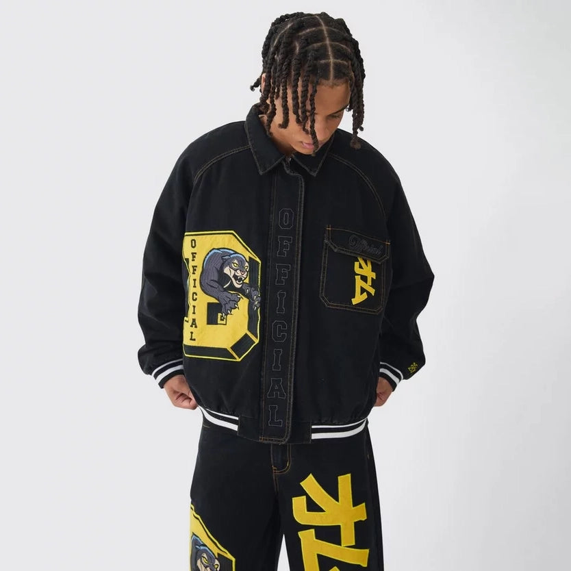 Men's Oversized Denim Varsity Applique Bomber Jacket
