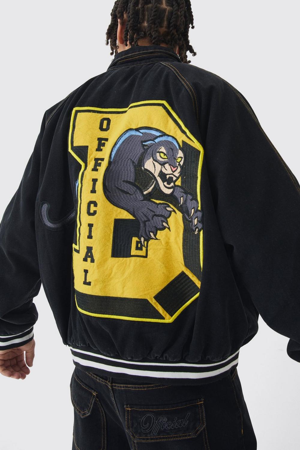 Men's Oversized Denim Varsity Applique Bomber Jacket