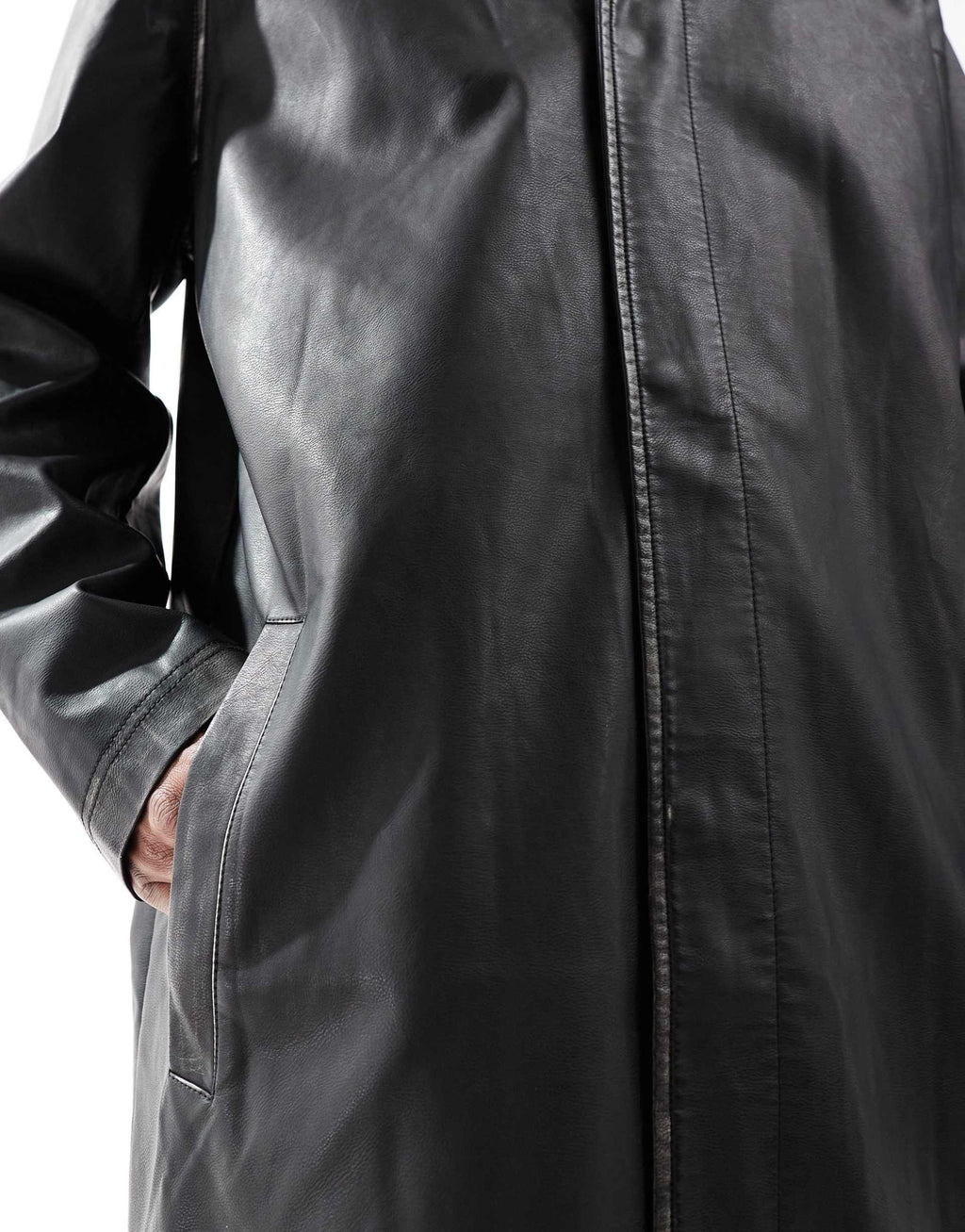 Men's Oversized Leather Trench Coat with Belt in Black