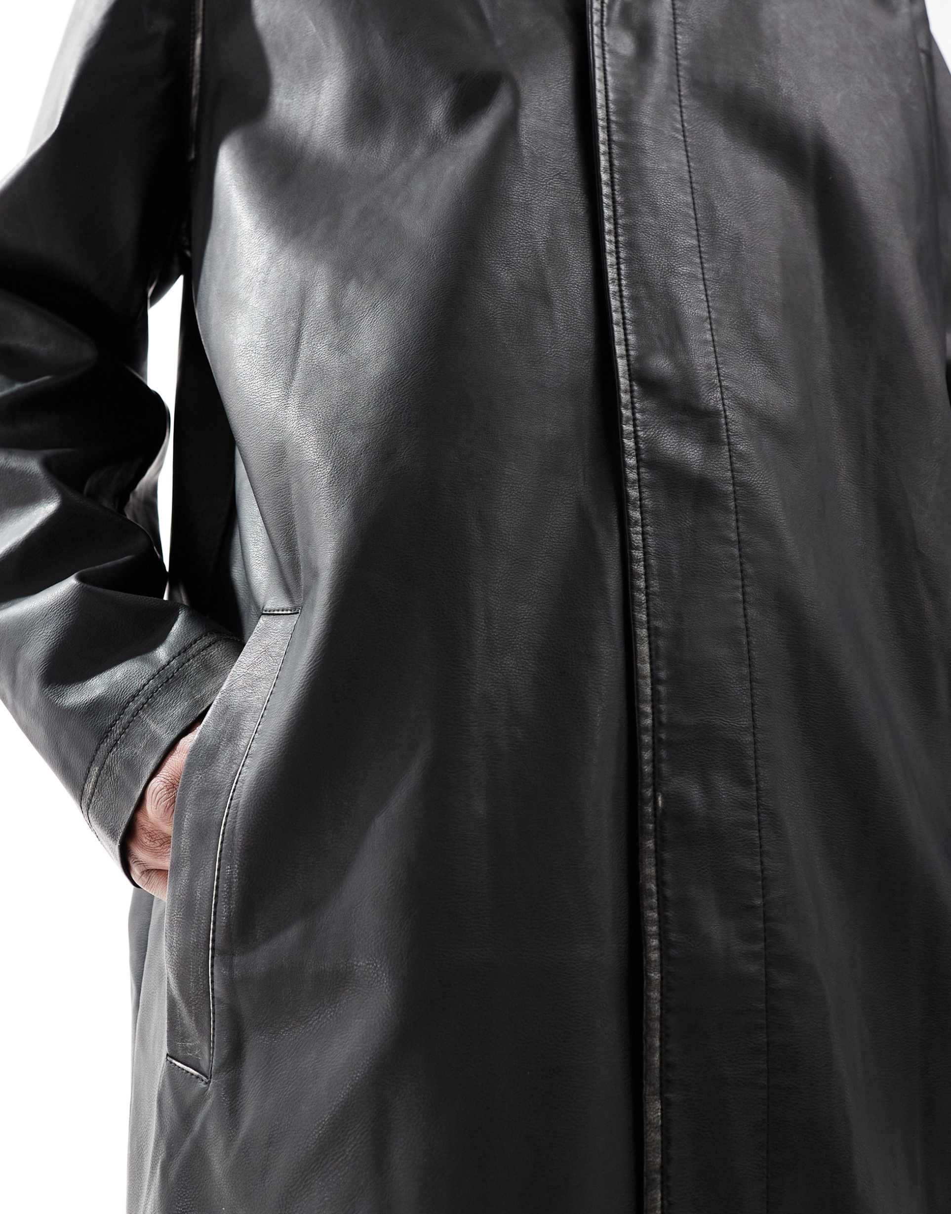 Men's Oversized Leather Trench Coat with Belt in Black