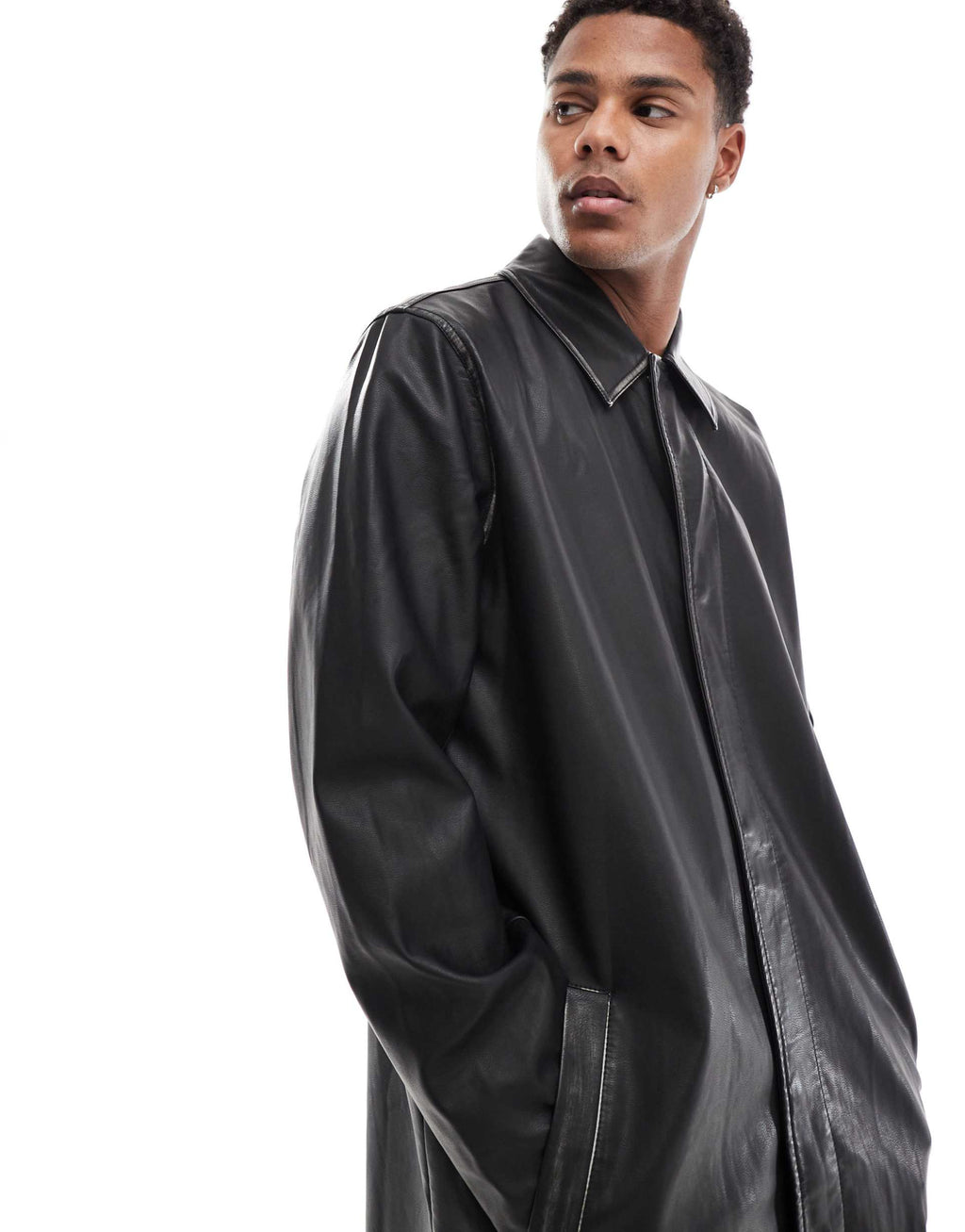 Men's Oversized Leather Trench Coat with Belt in Black